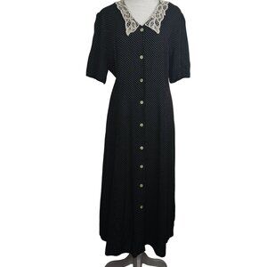 Maxi Dress Sz12 Black White Polka Dot Lace Button Down Short Sleeve School Vtg